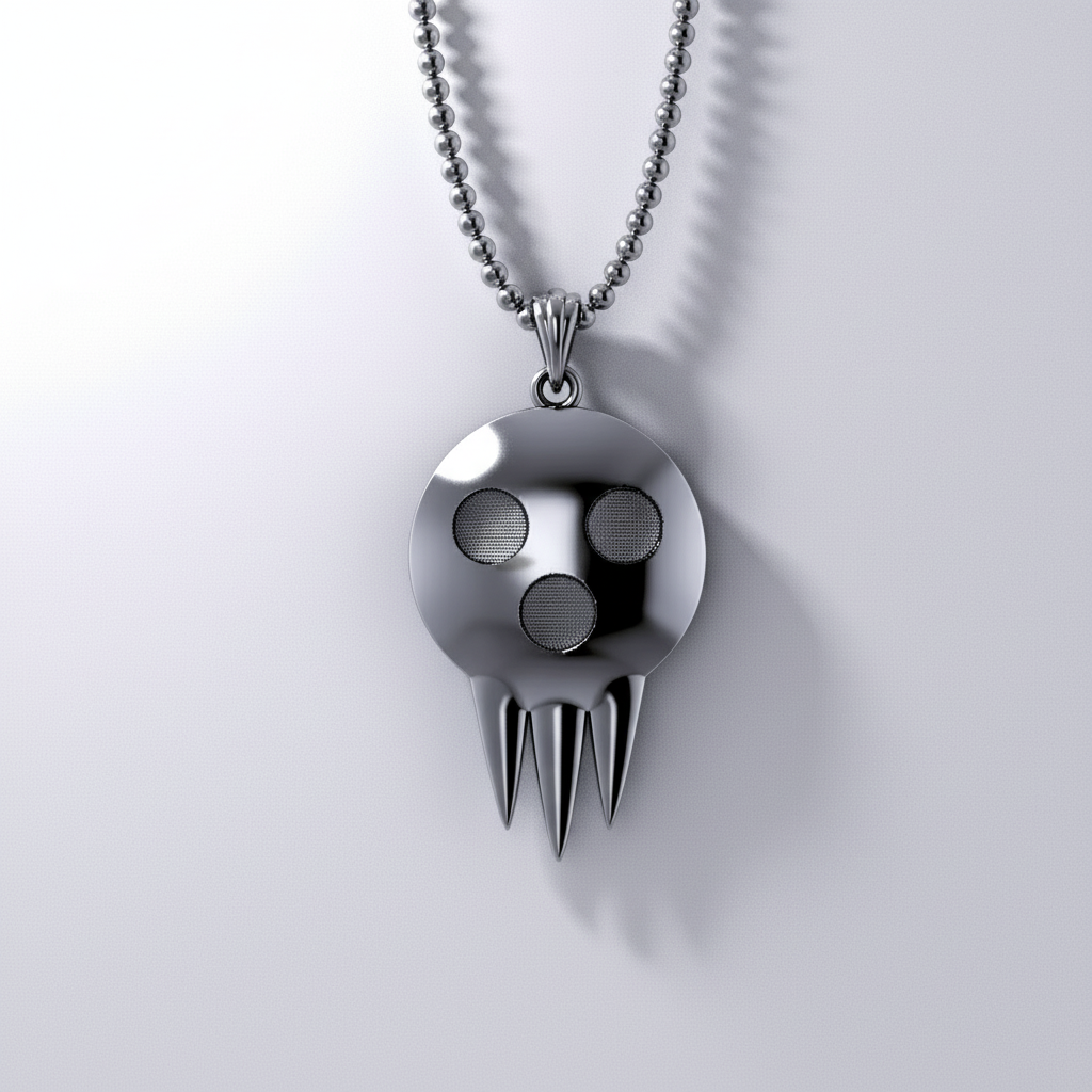 A silver pendant with a circular design featuring three eyes in a row, set against a textured background resembling a character from an anime series.