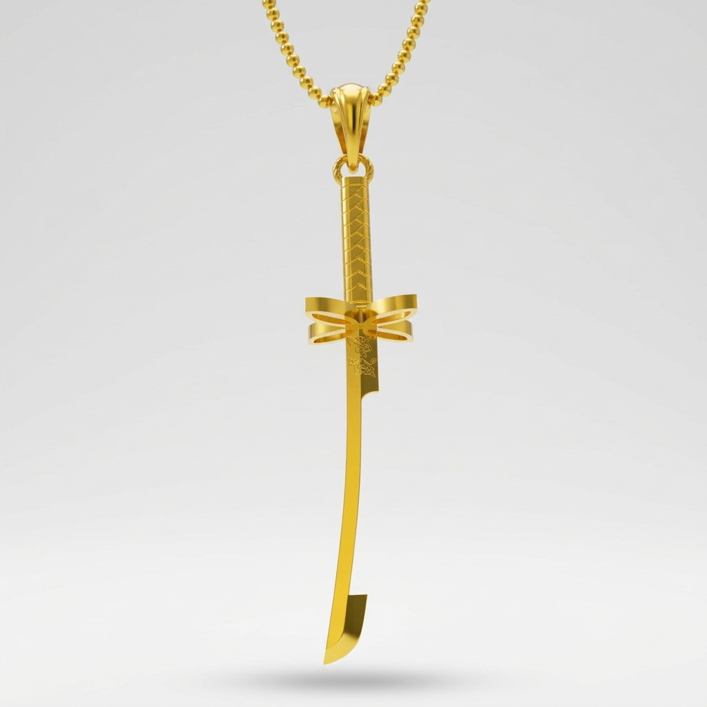 Gold sword-shaped pendant on a white background
