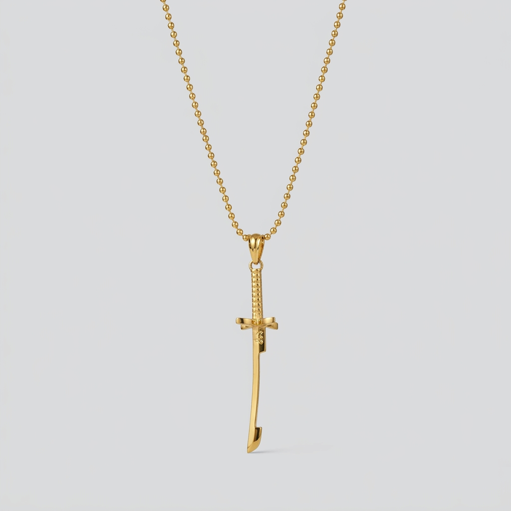Gold necklace with a cross pendant on a black shirt against a gray background