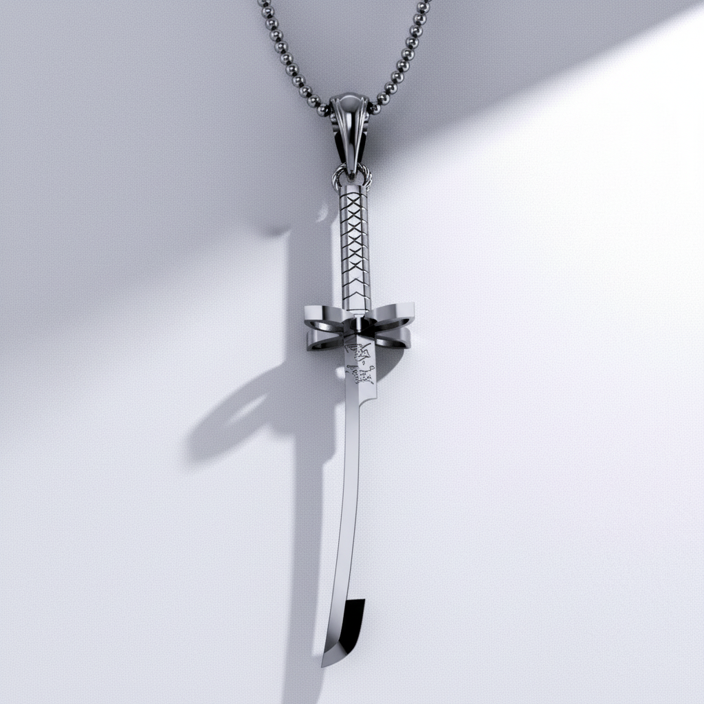 Sword-shaped pendant on a chain against a white background