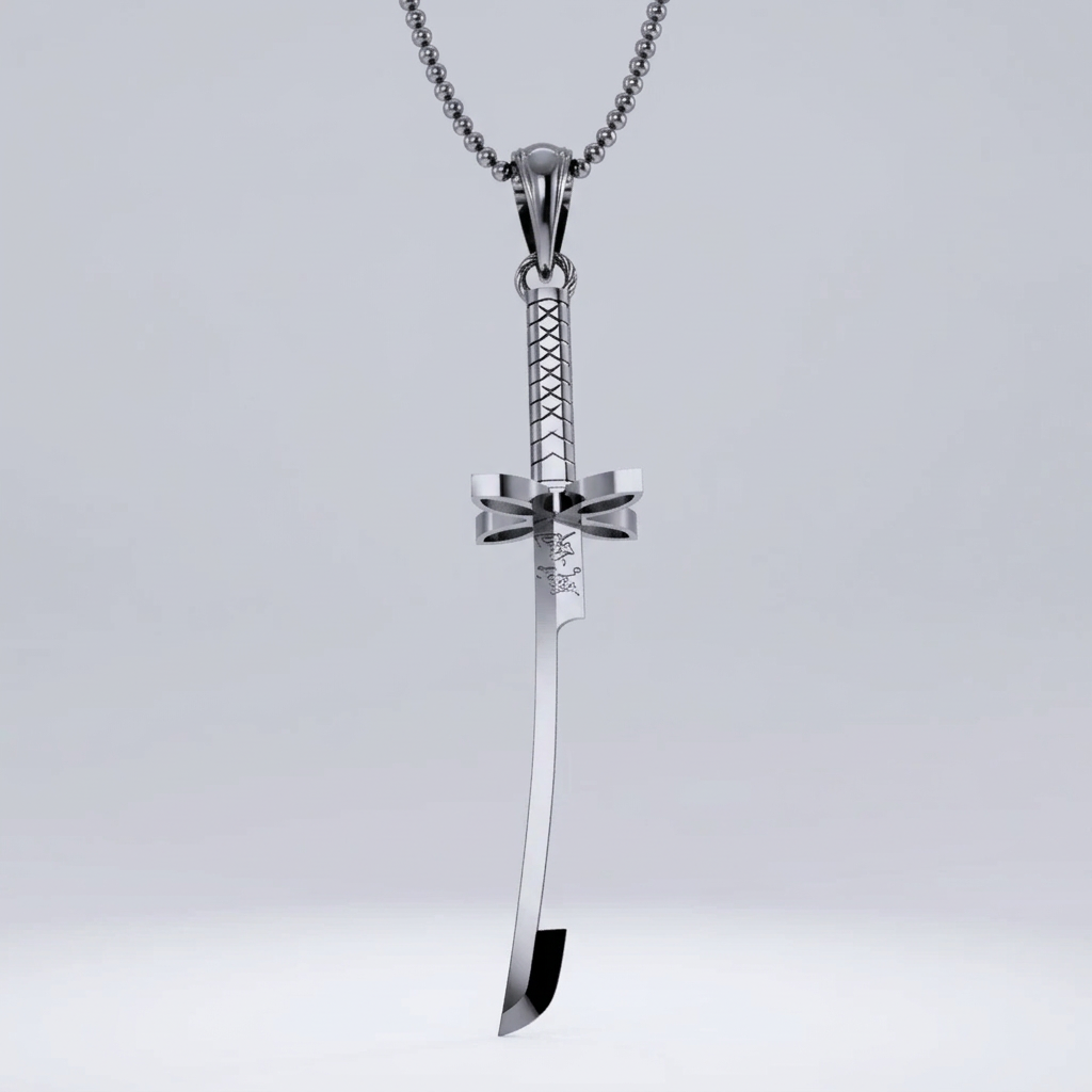 Sword-shaped pendant on a chain against a white background