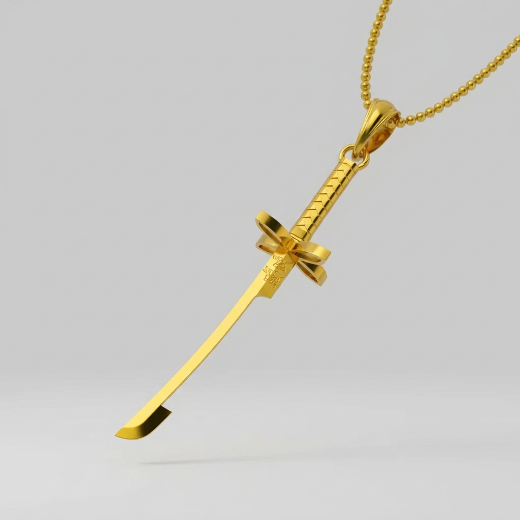 Gold sword-shaped pendant on a chain against a white background