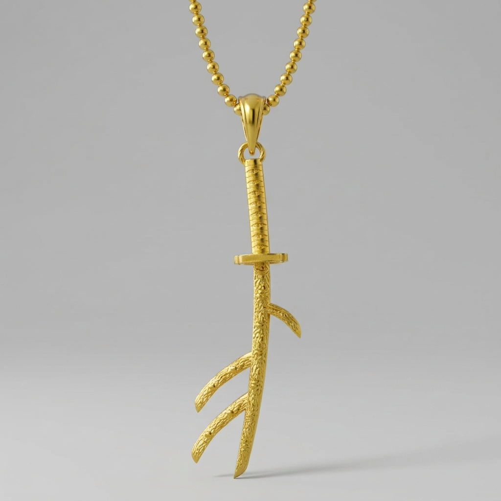 Gold branch-shaped pendant on a white background