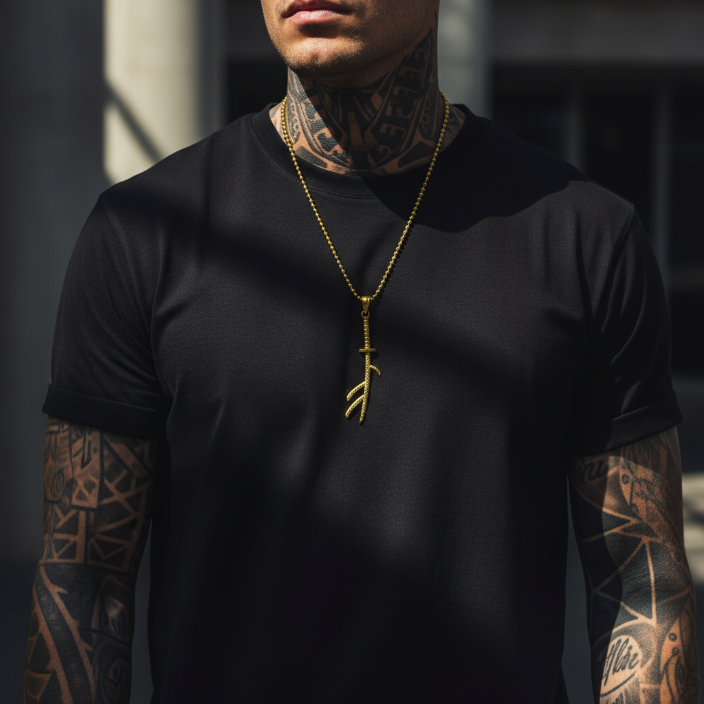 Man wearing a black t-shirt with a gold necklace, standing against a blurred background