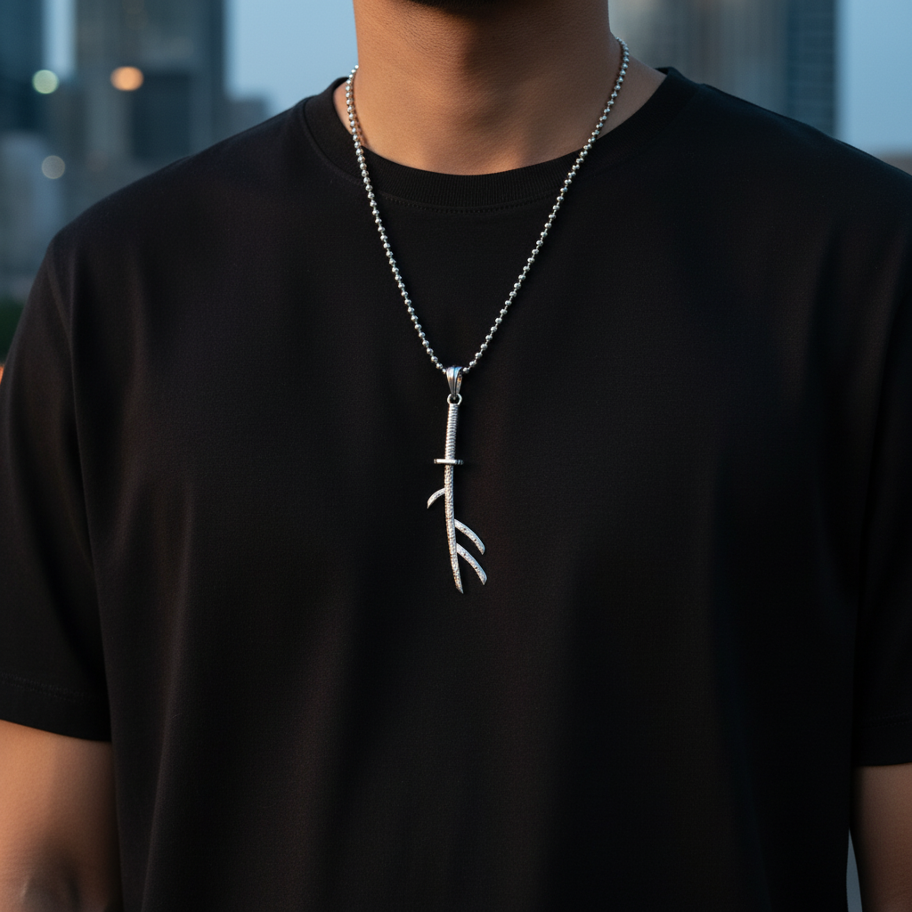 Person wearing a black t-shirt with a silver necklace featuring a unique pendant.