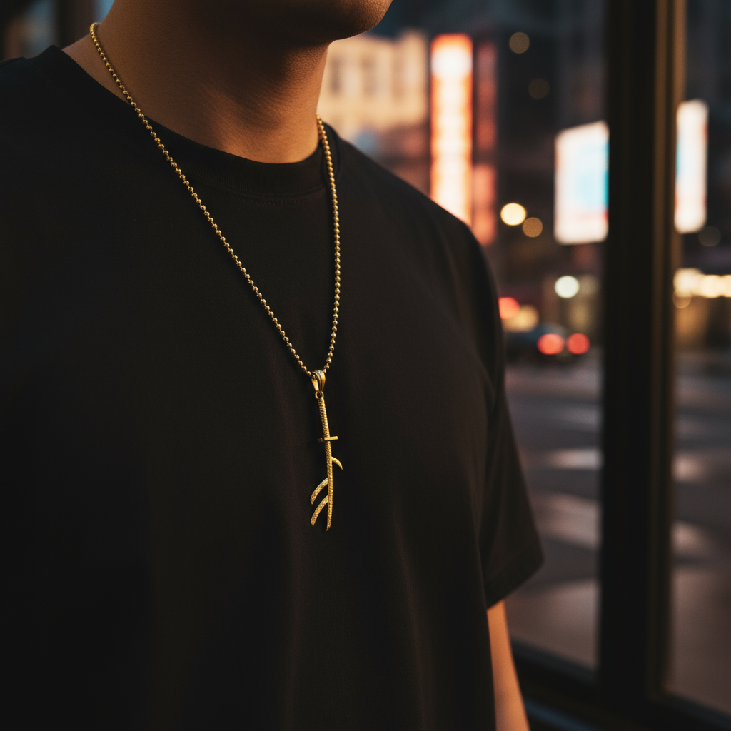 Person wearing a black shirt with a gold necklace featuring a leaf pendant, blurred city lights in the background.