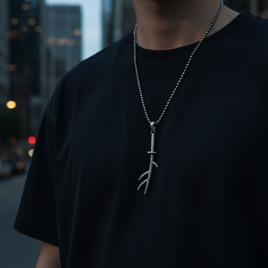 Person wearing a black t-shirt with a silver necklace featuring a unique pendant against a blurred cityscape background.