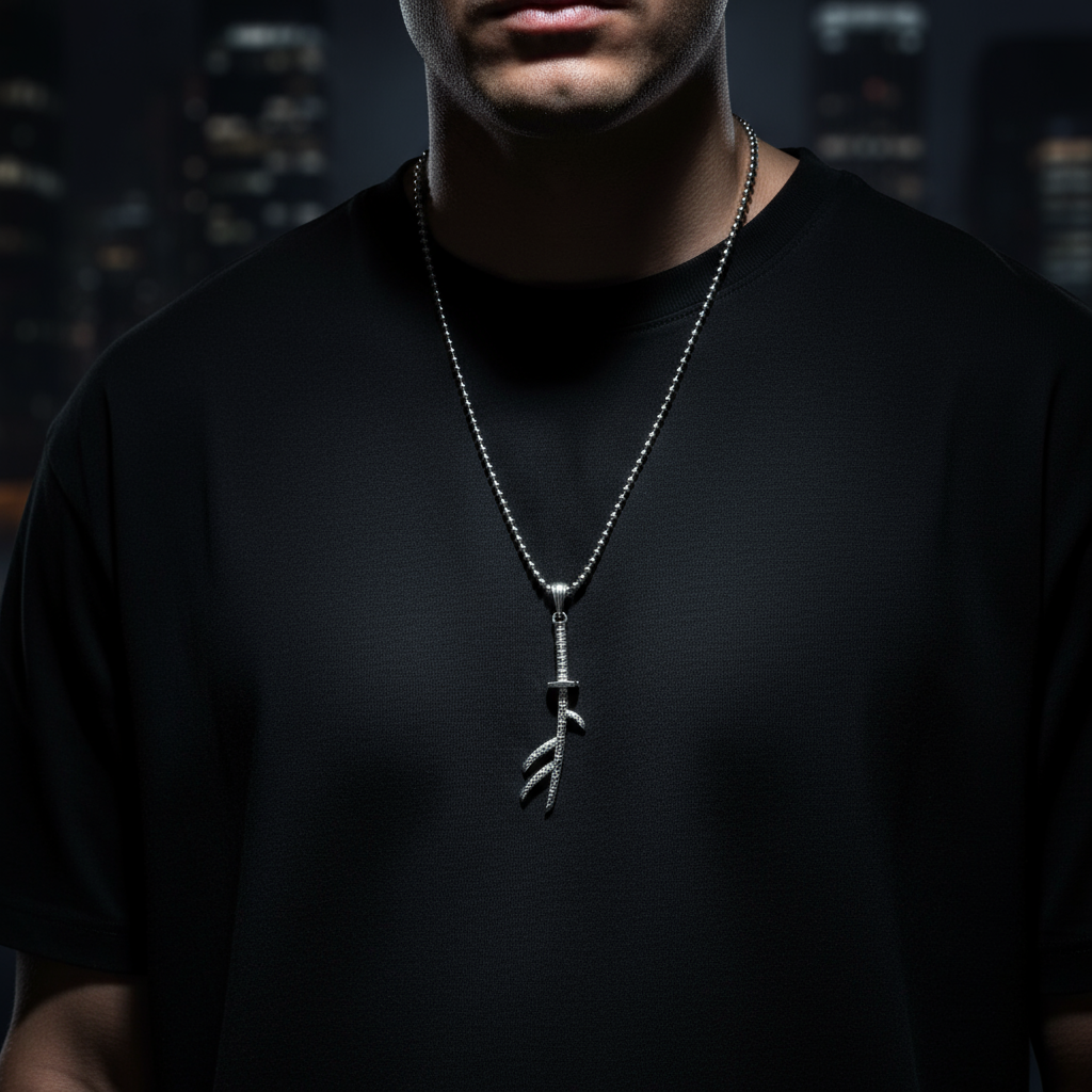 Man wearing a black shirt with a silver necklace featuring a unique pendant against a dark background.