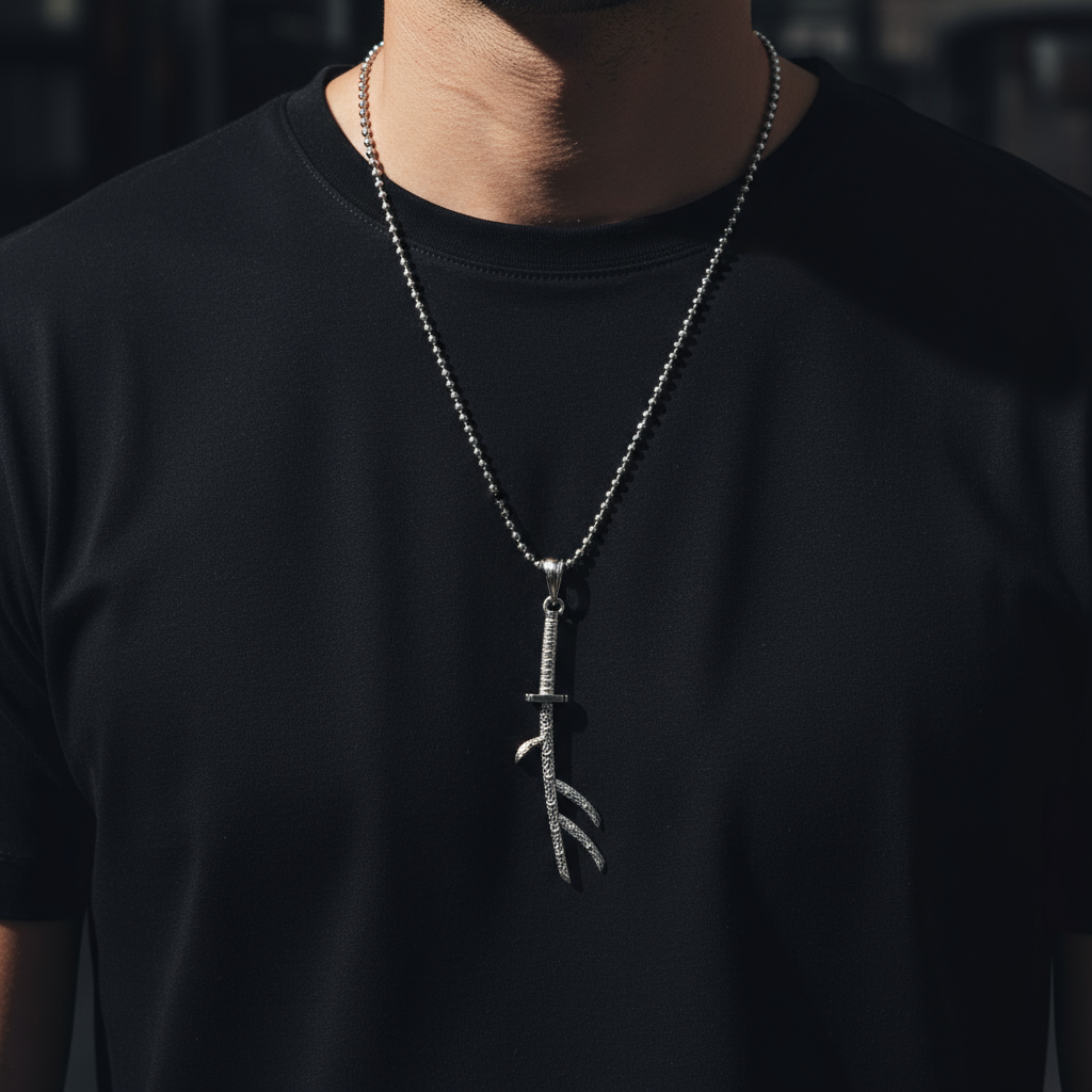 Person wearing a black t-shirt with a silver necklace featuring a unique pendant.
