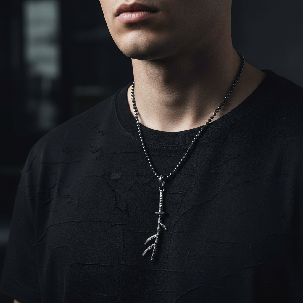 Person wearing a black shirt with a necklace featuring a cross pendant against a dark background