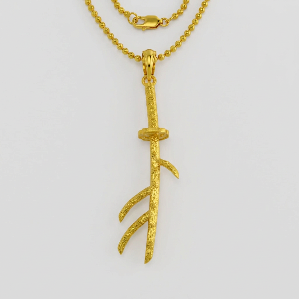 Gold branch-shaped pendant on a chain against a white background