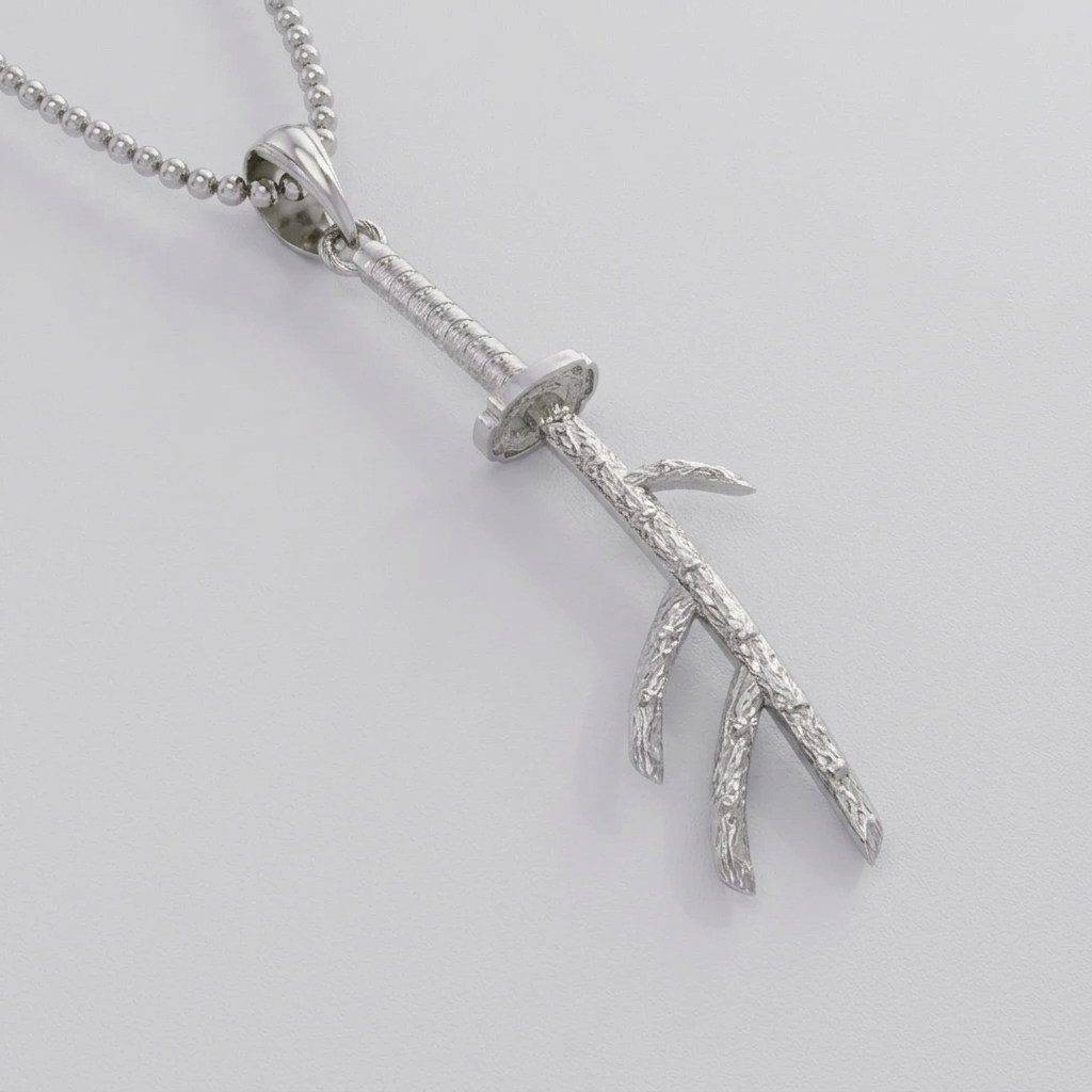 Silver necklace with a branch-like pendant on a light gray background