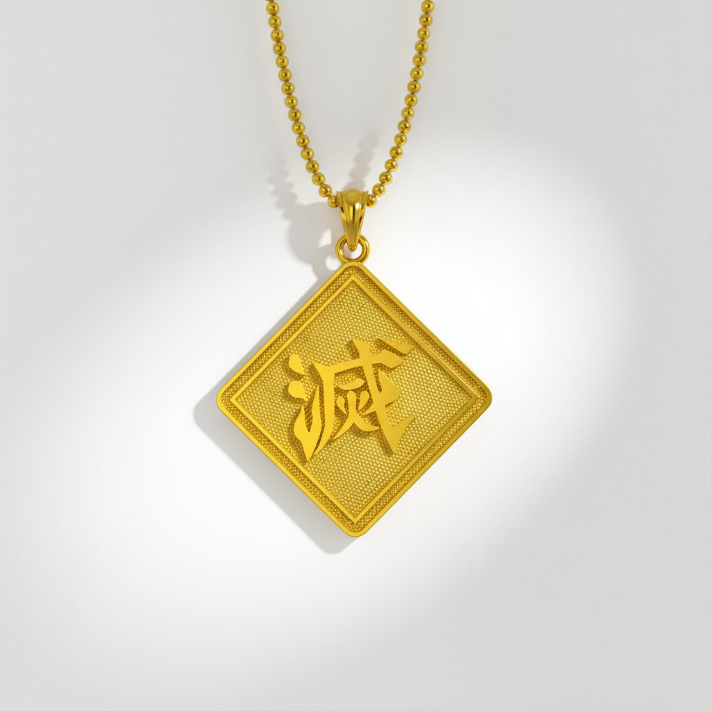 A 14k gold pendant with the kanji character 'Destroy' engraved on it, displayed on a chain against a blurred natural background.