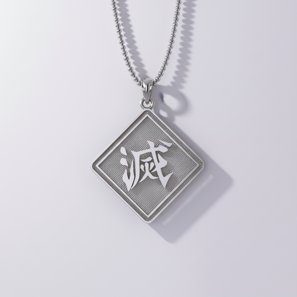 A 14k gold pendant with the kanji character 'Destroy' engraved on it, displayed on a chain against a blurred natural background.
