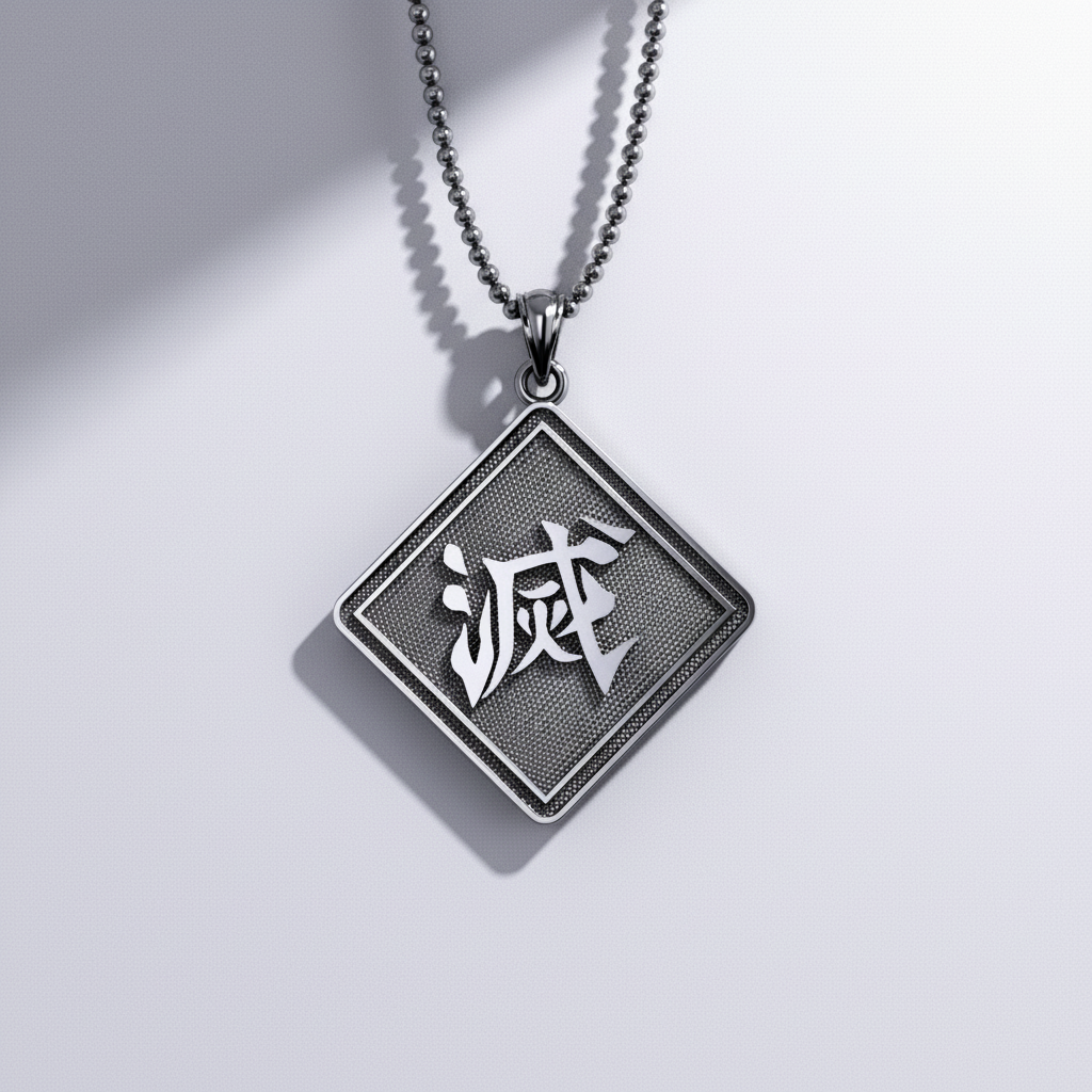 A square-shaped pendant with the kanji character for 'Destroy' engraved on it, attached to a chain against an autumn-themed background.