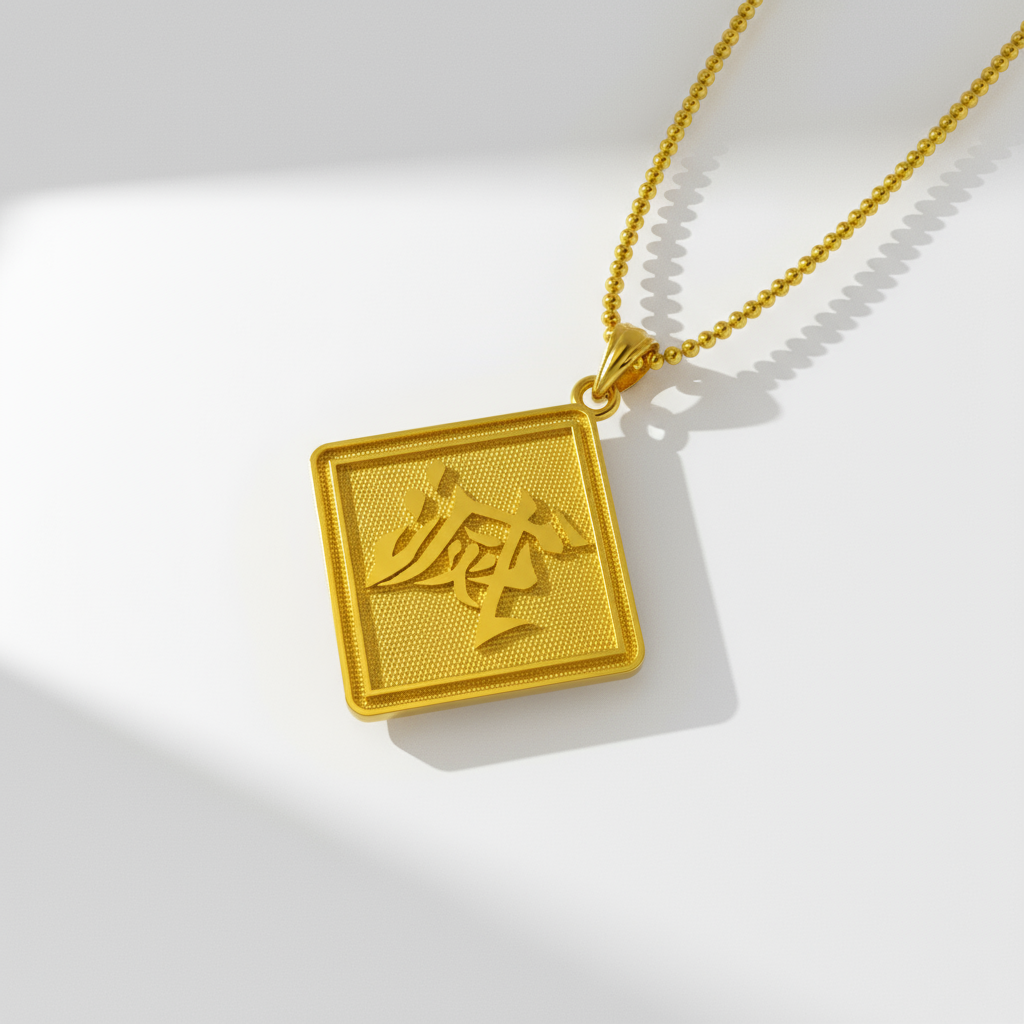 Gold pendant with a chain on a white background