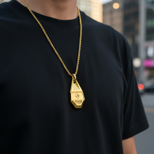 Person wearing a gold necklace with a pendant against an urban background