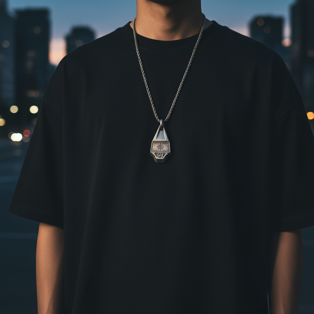 Person wearing a black t-shirt with a silver necklace against a blurred cityscape background