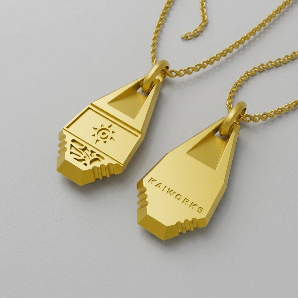 Gold pendant with 'Kaiworks' branding on a white background