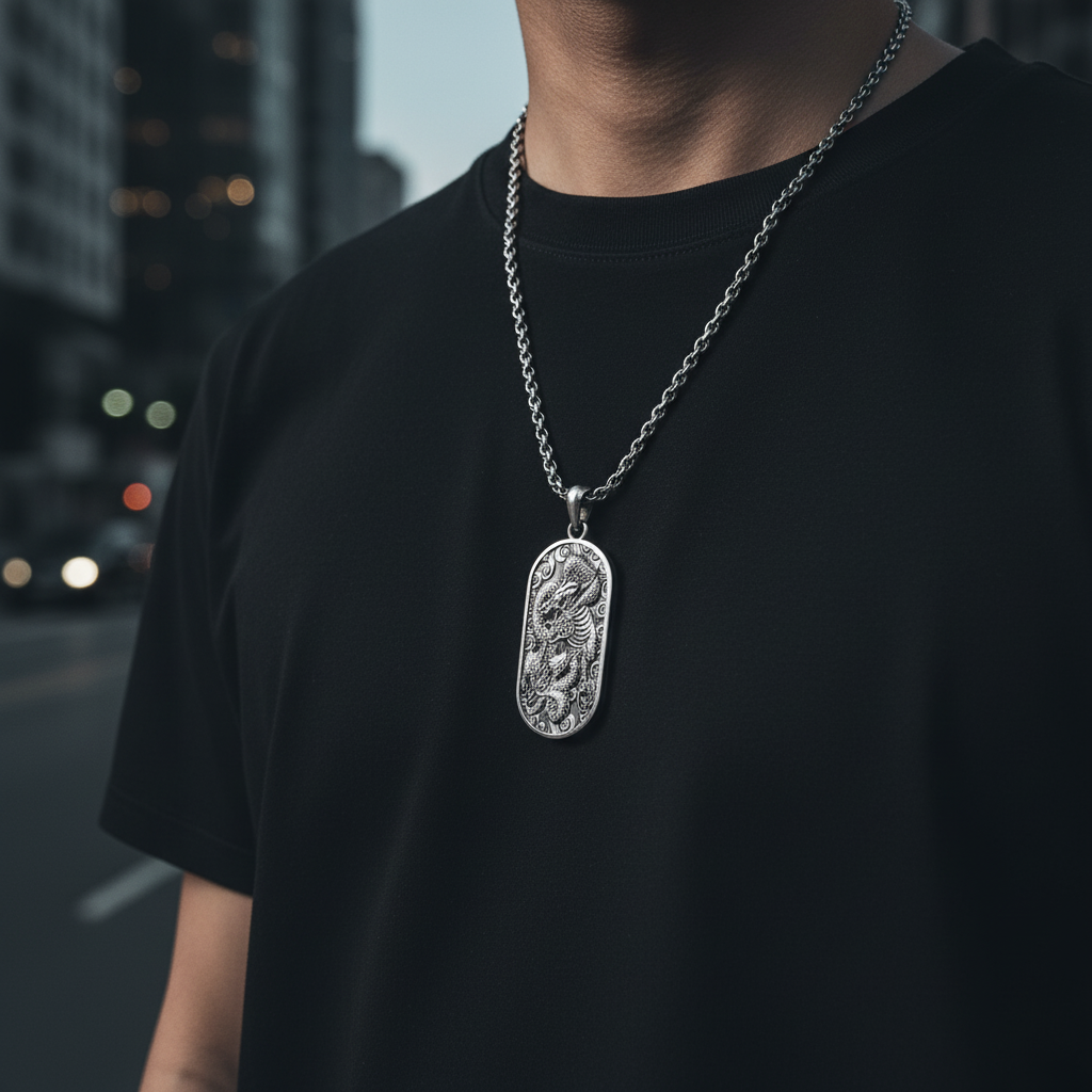 Person wearing a black t-shirt with a silver chain and dragon pendant in an urban setting