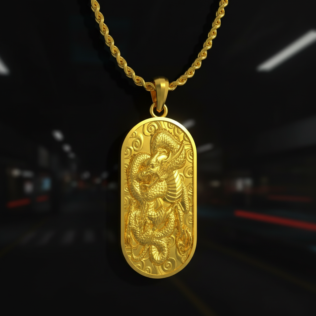 Gold pendant necklace with intricate design on a blurred background