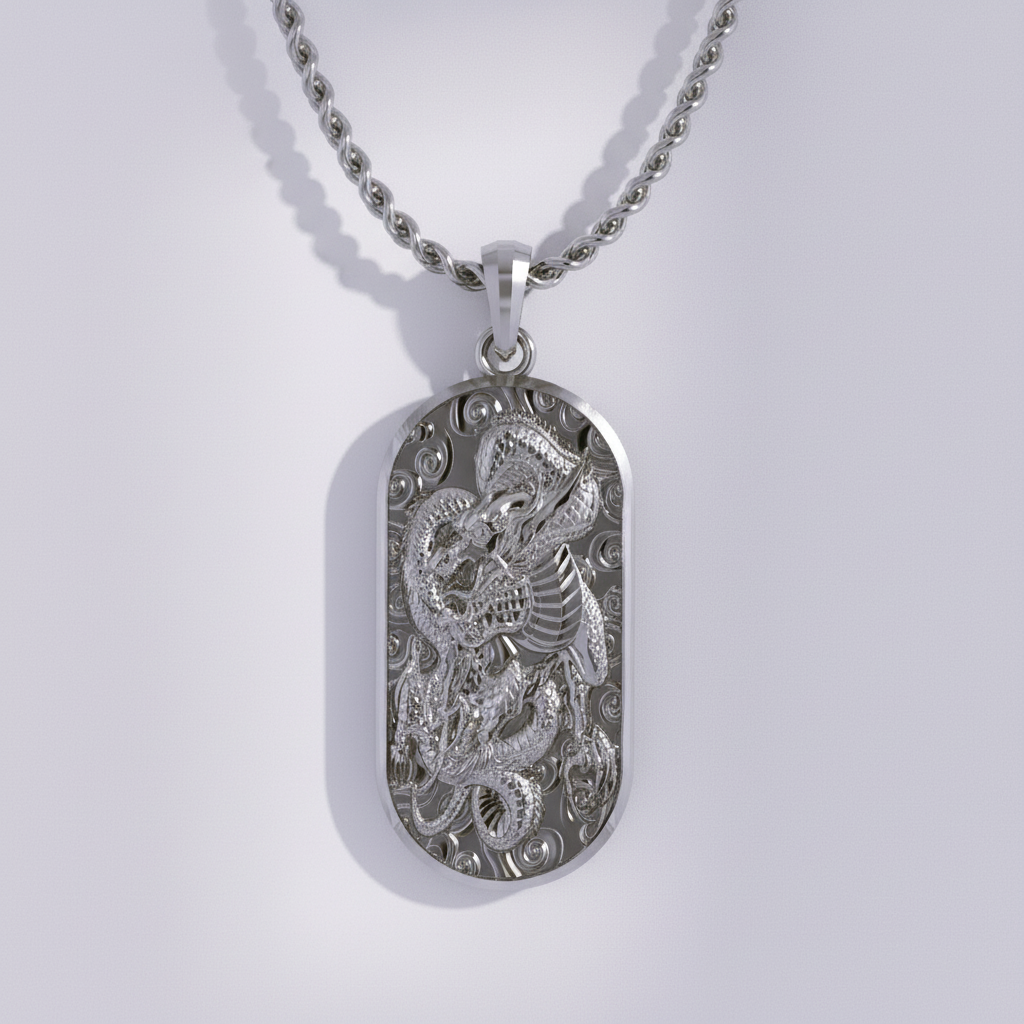 Silver pendant with intricate design on a chain against a light gray background