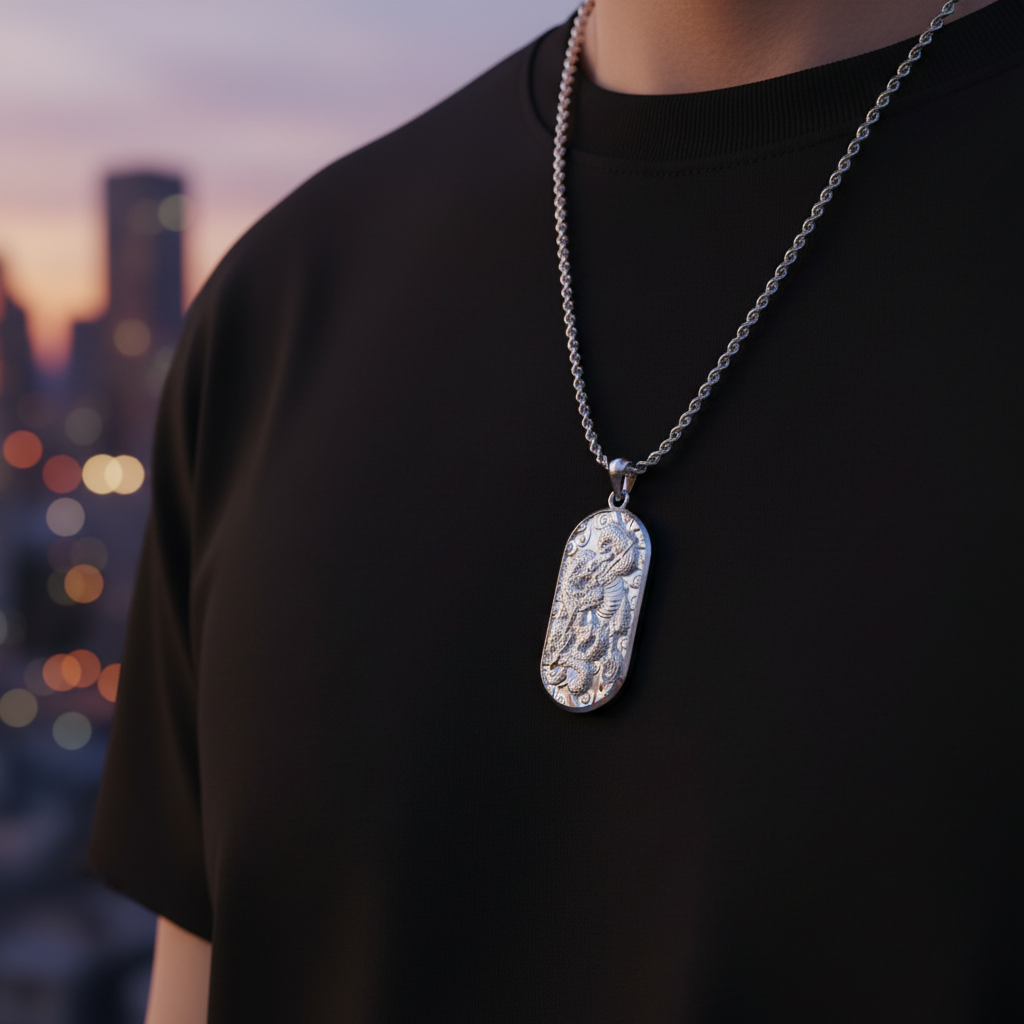 Person wearing a black shirt with a silver necklace featuring a detailed pendant against a blurred cityscape background.