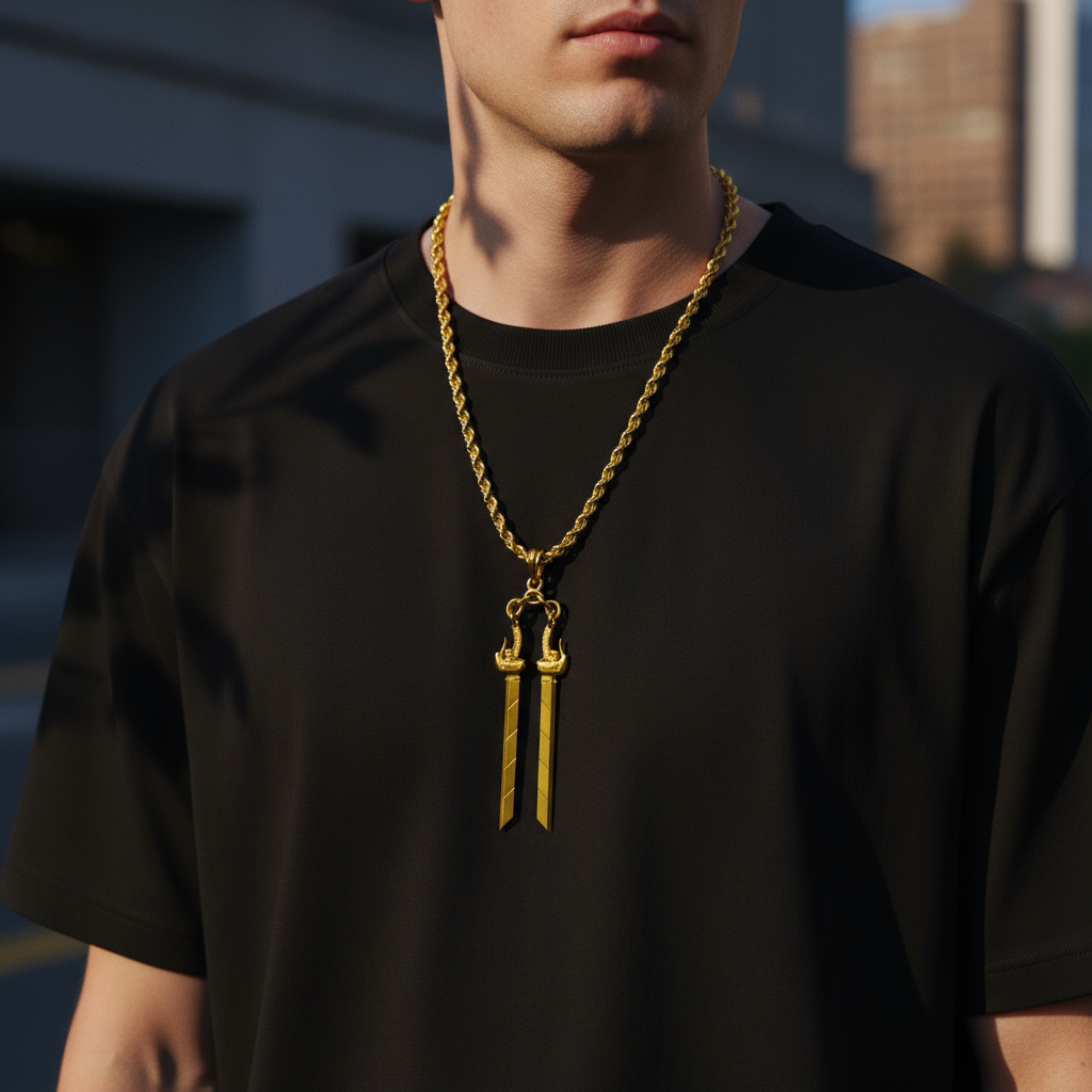 Person wearing a black t-shirt with a gold chain necklace featuring two sword pendants.