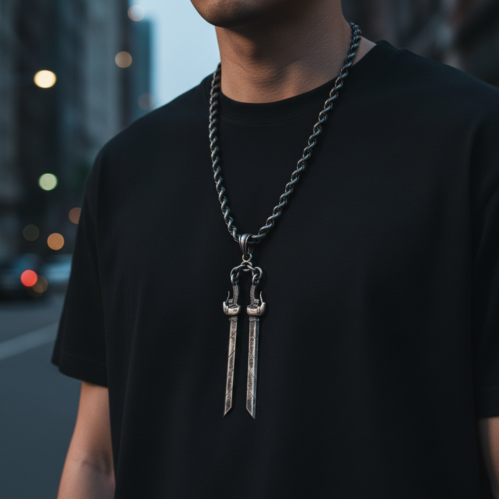 Person wearing a black t-shirt with a silver chain necklace featuring two sword pendants.