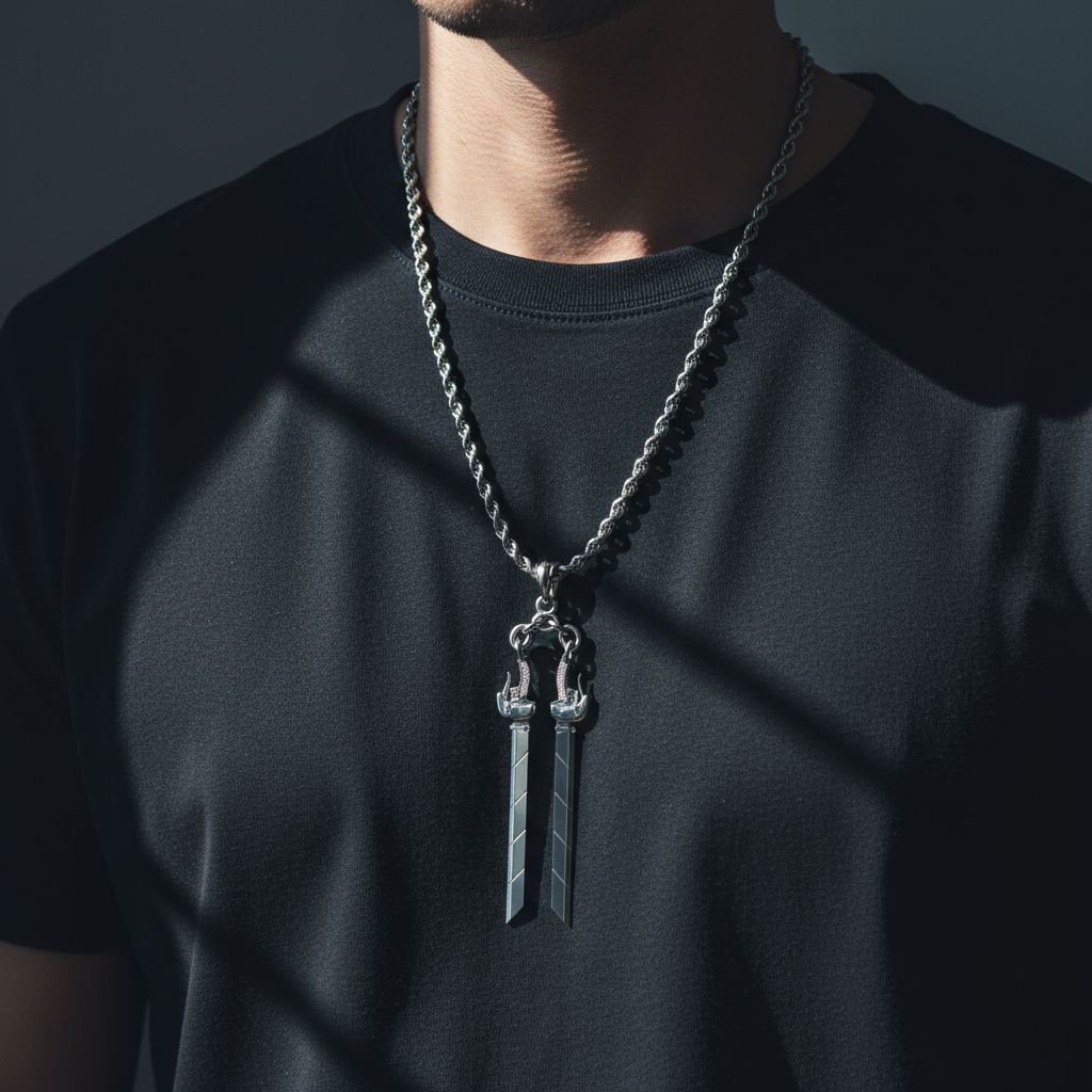 Person wearing a black t-shirt with a unique necklace featuring two sword pendants.