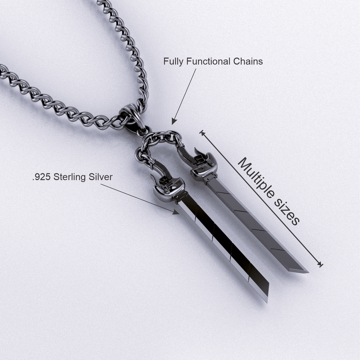 Silver necklace with sword pendants on a white background