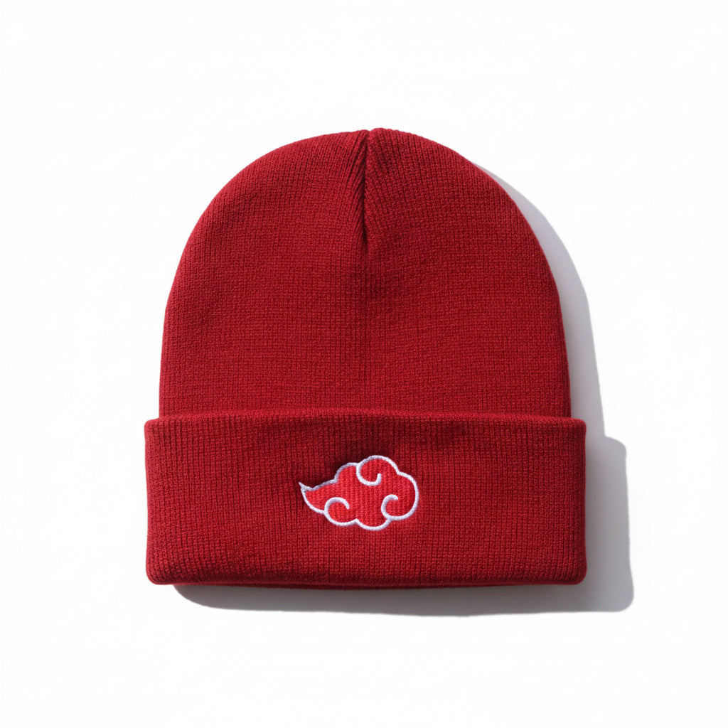 A collection of anime-inspired beanies in black, red, white, and gray, each featuring a red cloud logo.