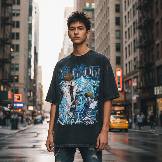 Black t-shirt with Yu-Gi-Oh! graphic design featuring characters and artwork.