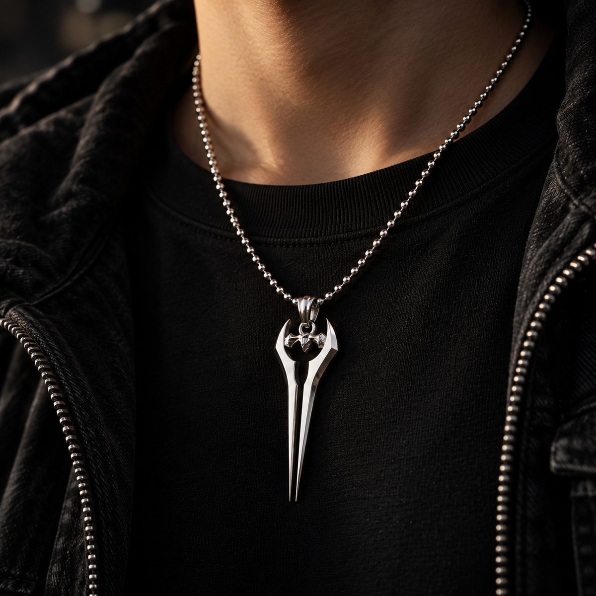 Person wearing a black shirt with a silver necklace featuring a unique pendant against a blurred cityscape background.