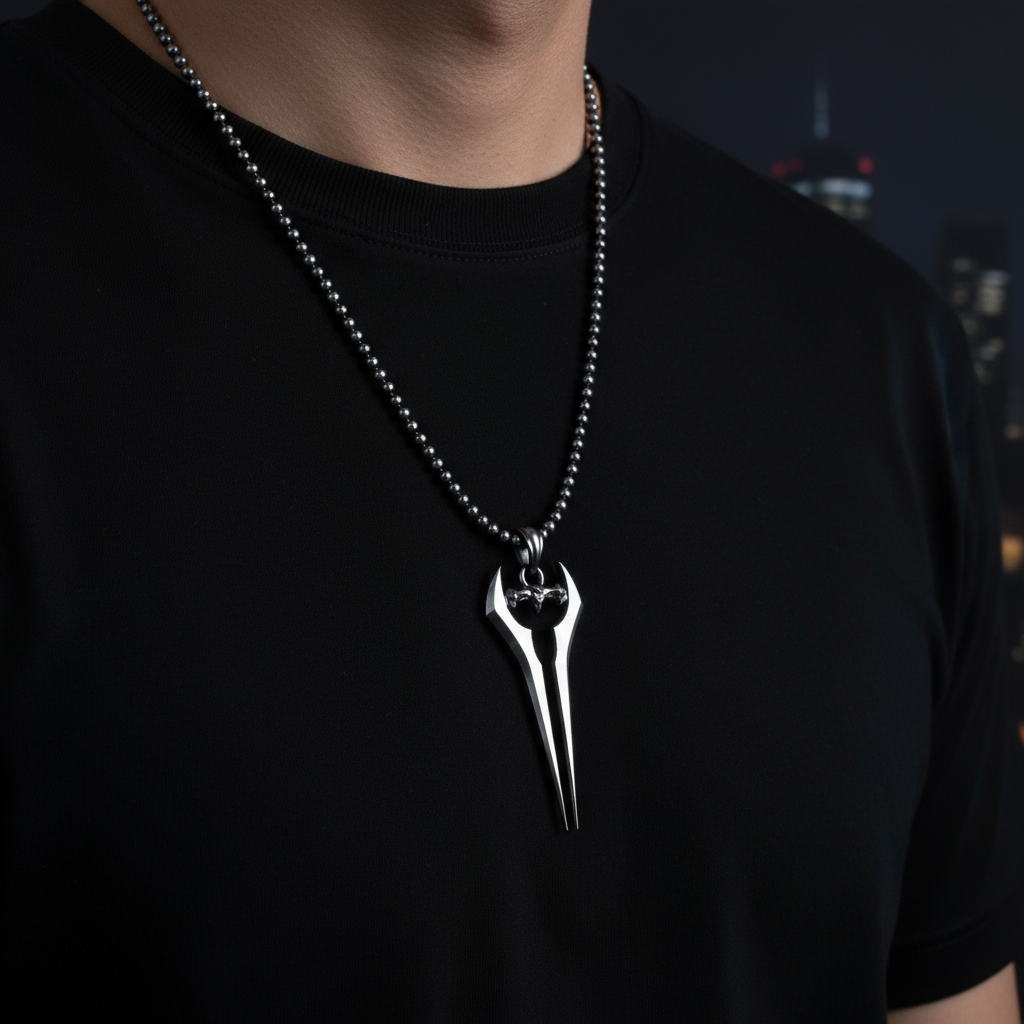 A silver pendant with a dual-blade design, featuring intricate detailing and a polished finish, displayed against a dark background with a blue and white artistic illustration.