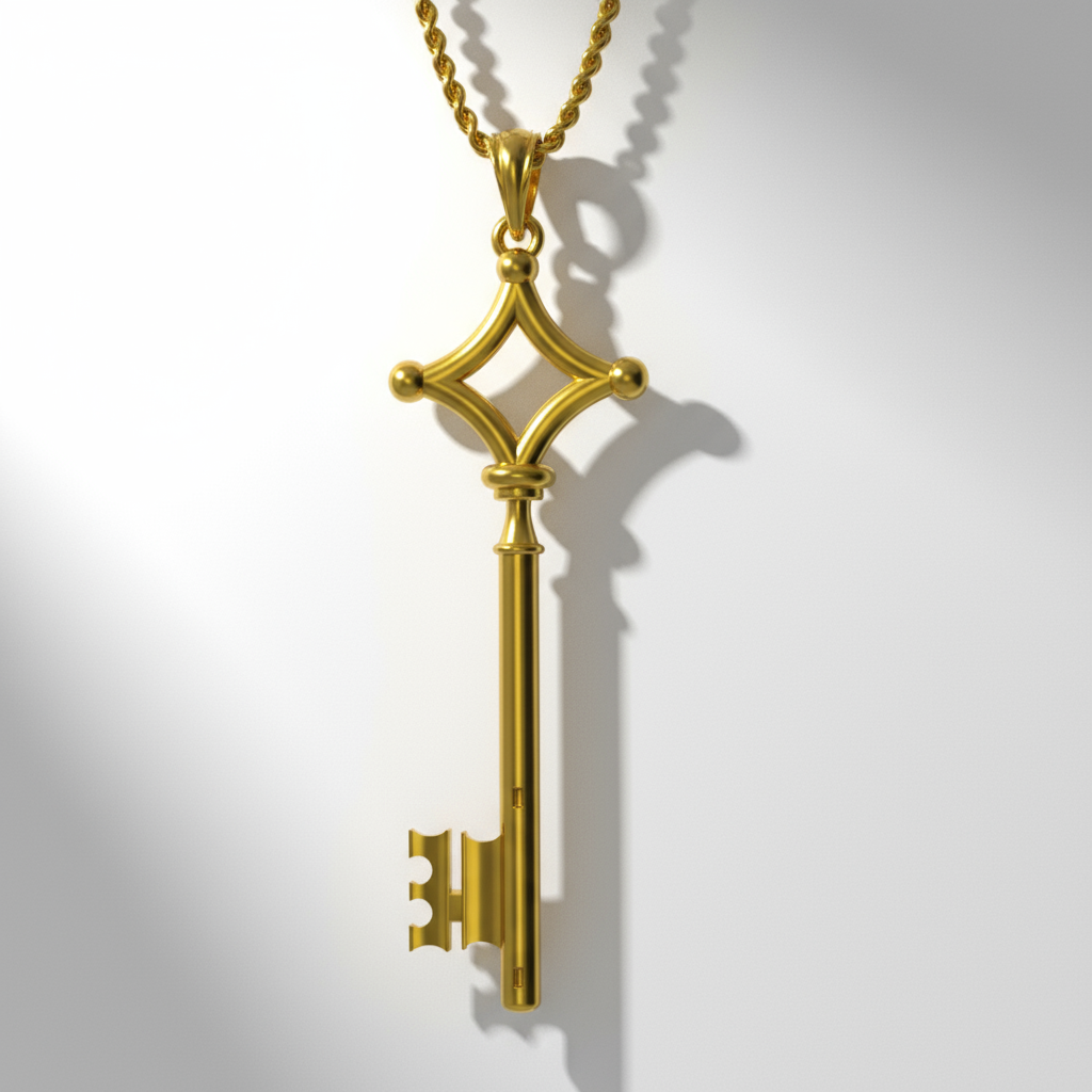 A 14K gold pendant designed in the shape of a key with a highly polished finish, displayed against a soft-focused background.
