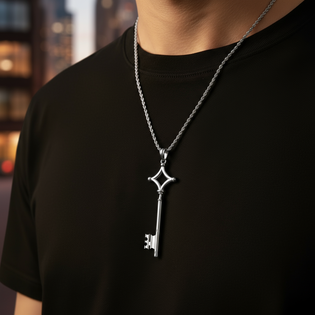 Key of Resolve Pendant – 14K Gold Edition worn on a silver chain against a blurred city background.
