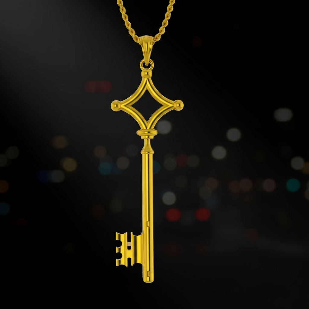 Key of Resolve Pendant – 14K Gold Edition, elegant solid gold key pendant on a textured background.