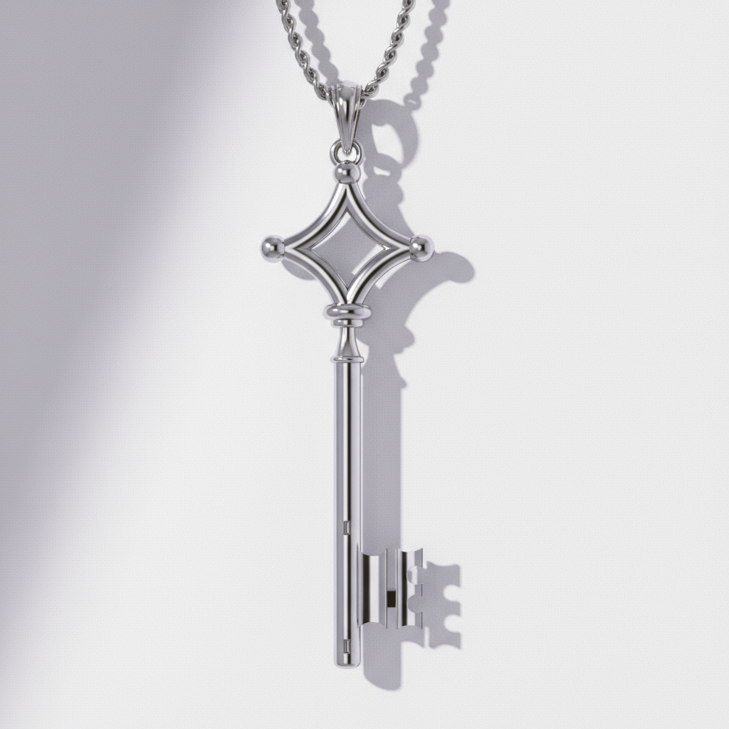 A 14K gold pendant designed in the shape of a key with a highly polished finish, displayed against a soft-focused background.