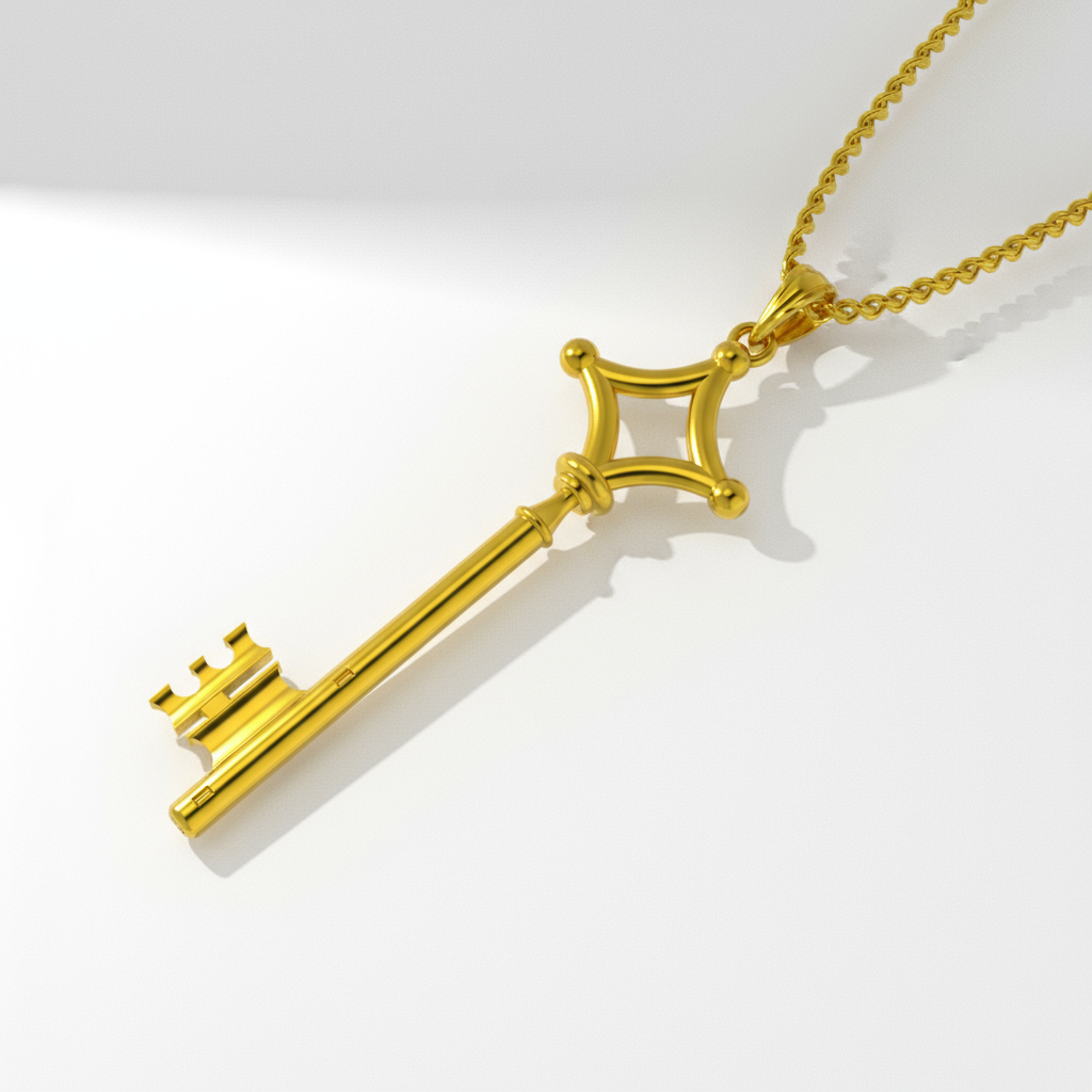 Key of Resolve Pendant 14K Gold Edition on a gold chain, showcasing its elegant design and polished finish.