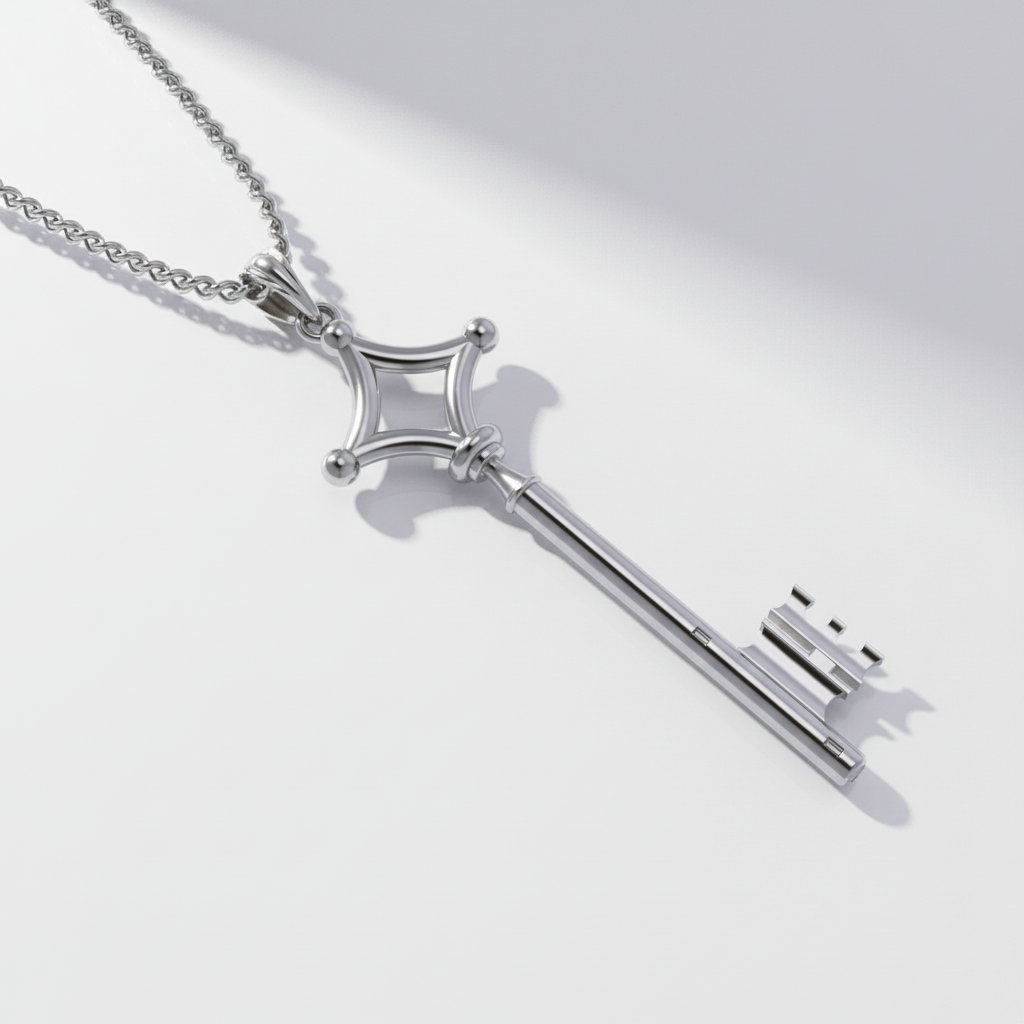 Key of Resolve Pendant 14K Gold Edition in silver, showcasing intricate design and elegant chain.