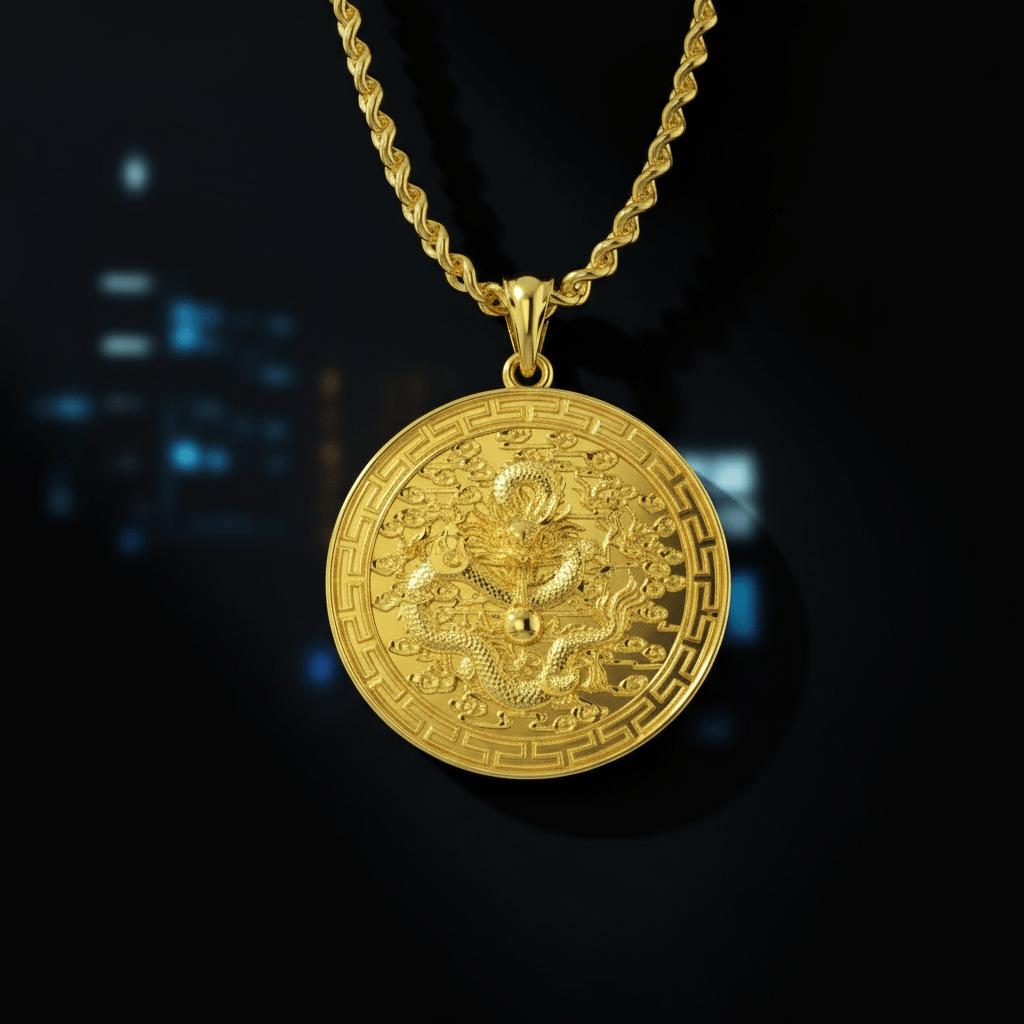 A close-up image of a gold medallion pendant featuring an intricate dragon design, displayed against a soft-focus background.