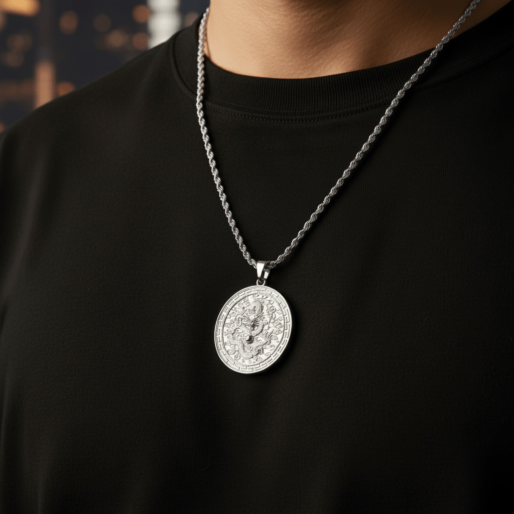 Person wearing a black shirt with a silver necklace featuring a detailed pendant.