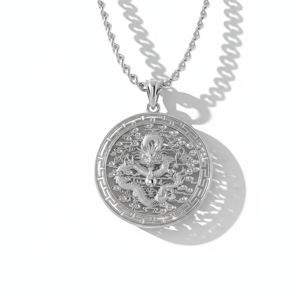 A close-up image of a gold medallion pendant featuring an intricate dragon design, displayed against a soft-focus background.