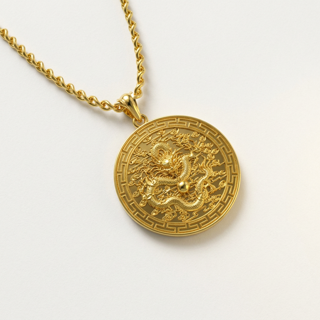Gold necklace with a dragon pendant on a white background
