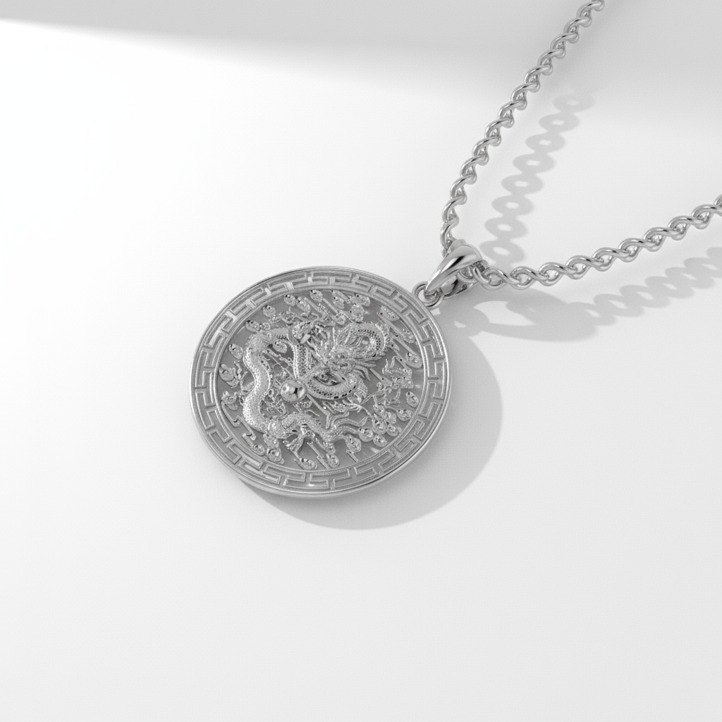Silver necklace with a round pendant featuring a dragon design on a white background