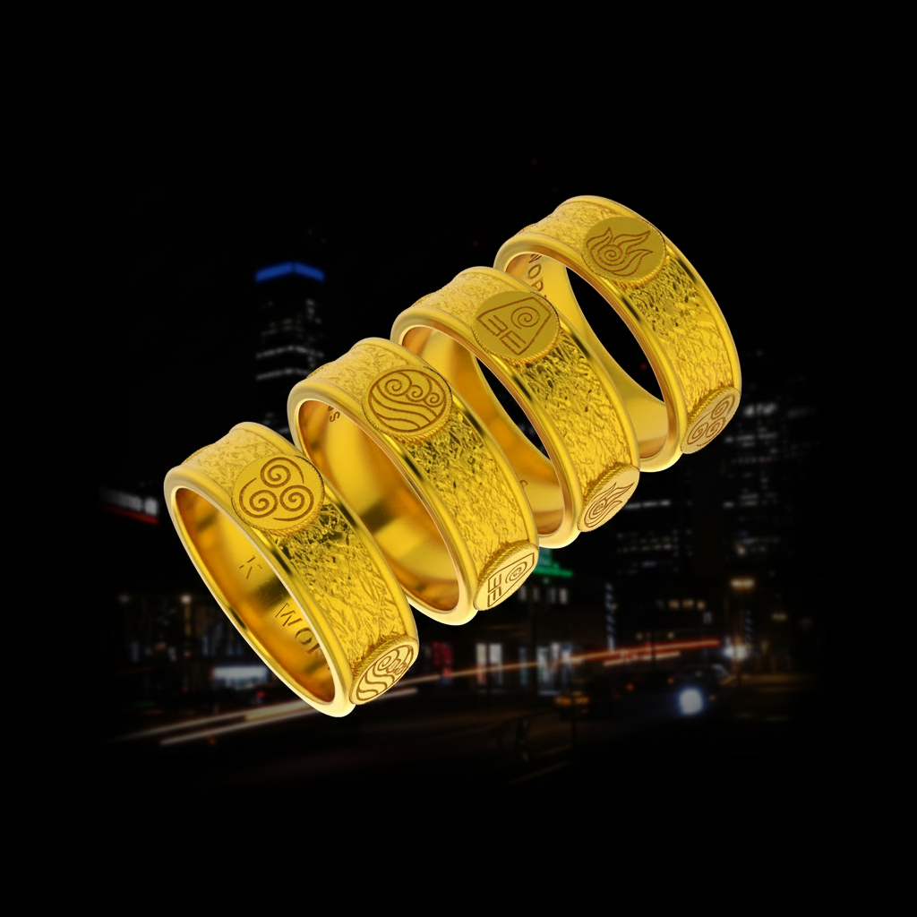 Four Nations Ring – Avatar-Inspired Elemental Balance featuring gold rings representing the four elements.
