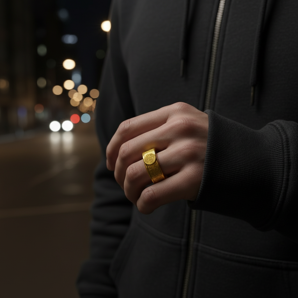 Four Nations Ring shown in a hand wearing a stylish black hoodie, illuminated by soft city lights.
