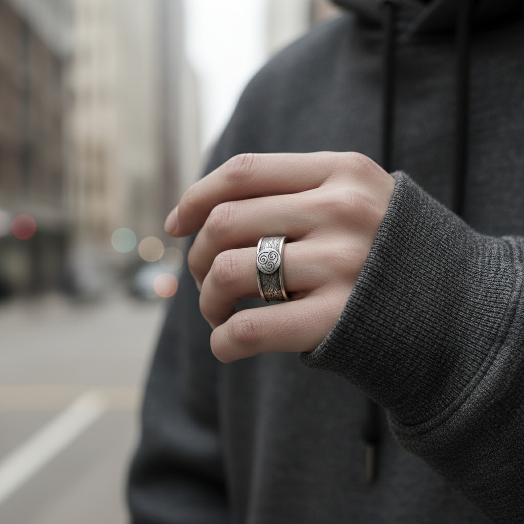 Person wearing a Four Nations Ring on hand, showcasing its design and craftsmanship in an urban setting.