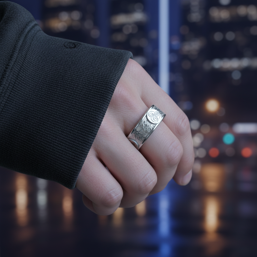 Hand wearing a Four Nations Ring, featuring intricate designs and a polished silver finish against an urban backdrop.
